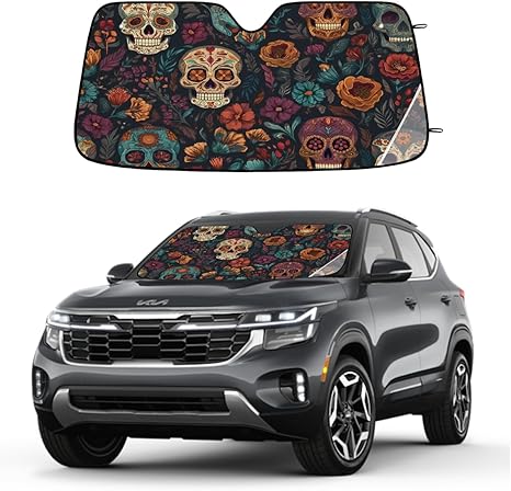 Day of The Dead Sugar Skull Car Windshield Sun Shade Front Window Sunshade Foldable Reflective Sun Visor for SUV Truck Van Sun Protection Visors Blocks UV Rays - sugar skull car sunshade for windshield