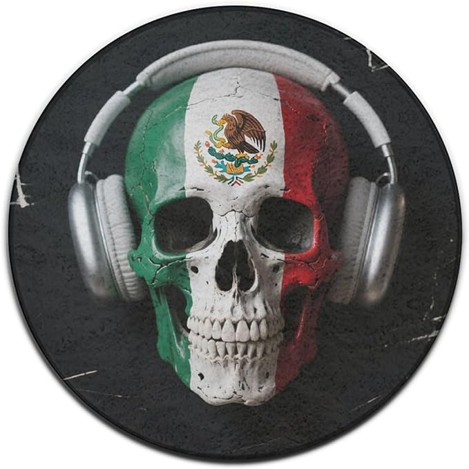 Paisley Memory Foam Round Doormat for Bath Room Kitchen - Quick Dry Mexican Flag Sugar Skull with Headphones Art Woman Yoga Mat Home Decor - 36'' Diameter - sugar skull yoga mat