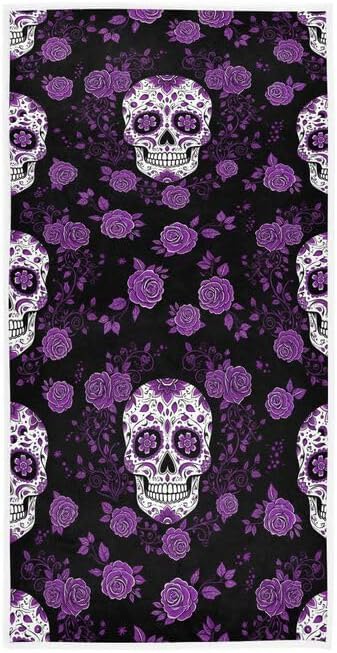 QUGRL Sugar Skulls Purple Roses Hand Towels for Bathroom 16x30 in Halloween Decorative Kitchen Dish Guest Fingertip Bath Towel Washcloth for Spa Gym Sport - sugar skull beach towel