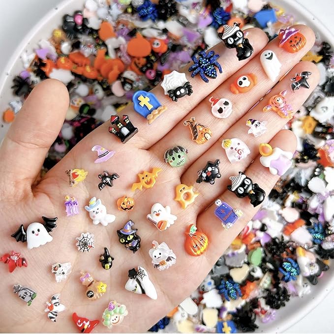 ONPRESS 50Pcs Halloween Nail Charms Colorful Mini Cute Cartoon Nail Art Charms Bat Spider Mummy Ghost Nail Diamonds Castle Eyes Skull Black Cat Nail Art Rhinestones Nail Gem for Women Manicure DIY - sugar skull nail art