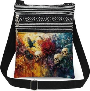 White Sugar Skulls Adjustable Strap Crossbody Bag Halloween Colorful Flowers Birds Print for Adults Messenger Bag Birthday Gift or Christmas Party Present for Friend - sugar skull handbags for sale