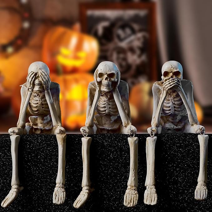 Halloween Skeleton Statues, Sets of 3 See Speak Hear No Evil Realistic Skull Decorations, Resin Horror Collectible Figures for Home Party Decoration - sugar skull figurine collectible