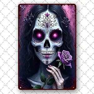 Aluminum Tin Sign Fantasy Poster of Goth Sugar Skull Woman Purple Rose Poster Wall Farm Yard Club Vintage Bar Wall Sticker Decor 12x8 Inch - sugar skull poster print