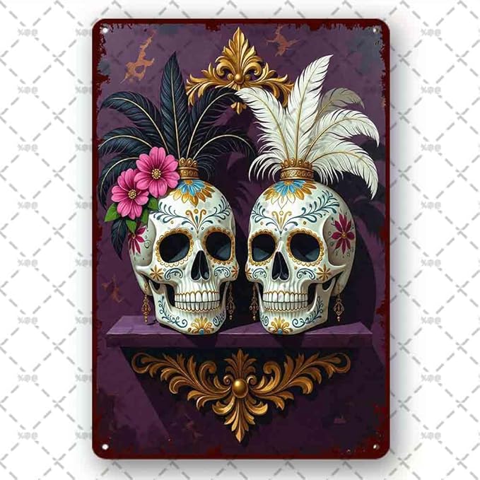 Funny Metal Tin Sign Couple Sugar Skulls Wall Art Goth Skull Men Women Decorative Wall Sign Bar Restaurant Cafe Bar Decor 12x8 Inch - sugar skull poster print