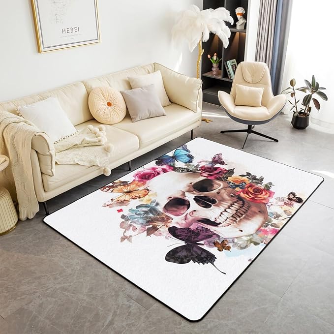 Feelyou Happy Halloween Area Rug 5x7 Sugar Skull Living Room Rugs for Kids Boys Girls Bedroom White Beige Orange Decor Carpet with Non-Slip Backing Floral Indoor Floor Mat Soft Polyester - sugar skull area rug