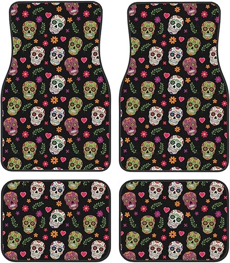 4 Piece Non-Slip Automotive Floor Mats Full Set, Heavy Duty Universal Fit for Most Cars, Trucks and SUVs, Day of The Dead Sugar Skulls Cars Mat Set All Weather Protection - sugar skull car floor mats