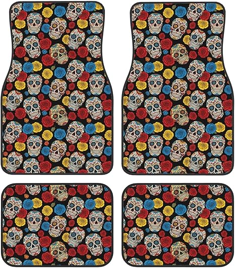4 Piece Full Set Automotive Floor Mats, Heavy Duty Universal Fit for SUV, Van and Sedan, Mexican Day Dead Rose Sugar Skulls Cars Mat Set All Weather Non-Slip Protection - sugar skull car floor mats