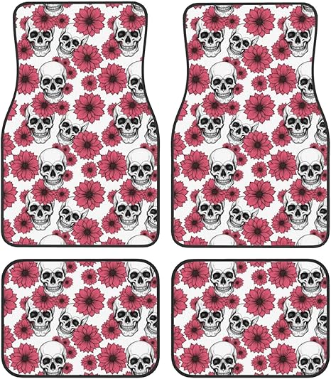 Set of 4 Anti-Slip Car Floor Mats, Heavy Duty Universal Fit for Sedan, SUV and Van, Sugar Skulls Cars Mat Set All Weather Protection Floor Liners - sugar skull car floor mats