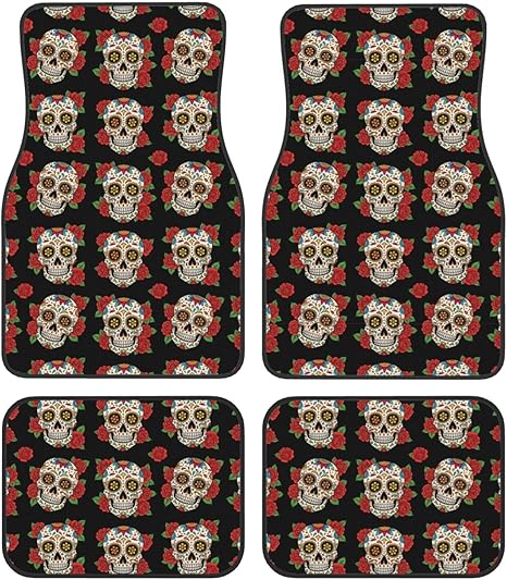 4 Piece Non-Slip Automotive Floor Mats Full Set, Heavy Duty Universal Fit for Most Cars, Trucks and SUVs, Floral Rose Flowers Day of The Dead Sugar Skulls Cars Mat Set All Weather Protection - sugar skull car floor mats