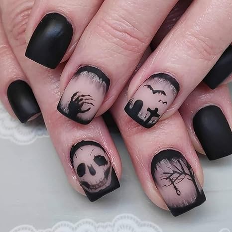 Halloween Press on Nails Square Short Fake Nails with Skull & Bat Designs Matte Acrylic Nails Halloween Handbone Black French Tip False Nail Full Cover Stick on Nail for Women 24 Pcs - sugar skull nail art