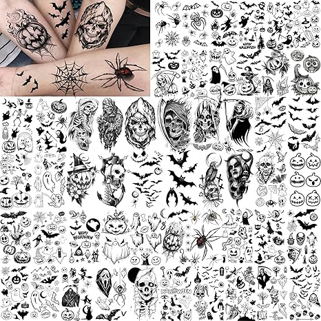 52 Sheets Halloween Temporary Tattoos For Kids Boys Girls Women Men, Adults 3D Scary Face Skull Fake Tattoos Sticker, Ghost Zombie Vampire Bat Spider Web Tattoos Cat Goodie Bag Stuffers Accessory - sugar skull temporary tattoo