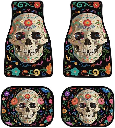 Grunge Mexican Sugar Skulls Day of The Dead Flowers Art Car Mat Set Universal Fit Most Cars Trucks 4 Piece All-Weather Car Mats, Auto Accessories Front & Rear - sugar skull car floor mats