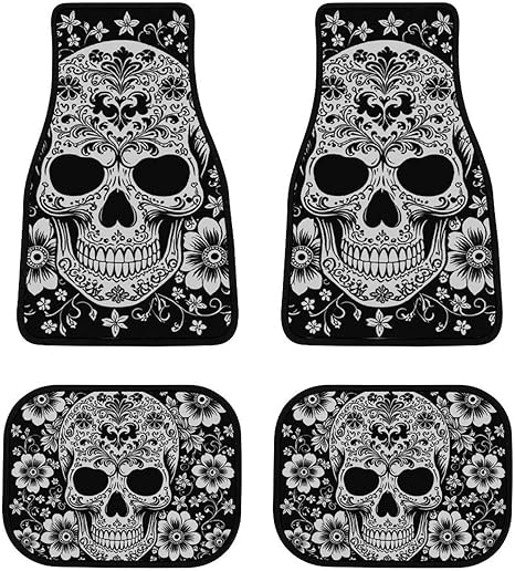 Automotive Set of 4 All-Weather Car Floor Mats Car Interior Protector Universal Fit Car Truck - Mexican Sugar Skull Pattern Halloween Front and Rear Carpets for Women Men - sugar skull car floor mats