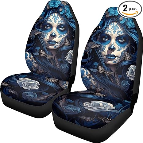 3D Novelty Skull Print Car Front Seat Cover 2 Piece Vehicle Interior Cover Protector Decor Accessory Seat for SUV Truck Van Sedan - sugar skull car seat covers set