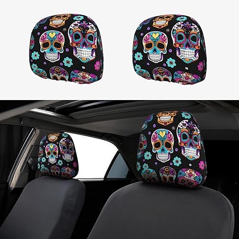 Sugar Skull Print Car Headrest Cover, Practical Present, Easy Install, Fits Cars, Suvs, Trucks and More - sugar skull car seat covers set