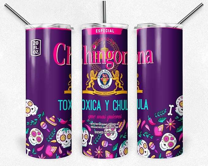 Chingona Y Toxica Tumbler | 20oz Insulated Stainless Steel Cup with Lid | Sassy Latina Gifts for Her, Amiga, Jefa, Regalos para Mujer (Toxica Y Chula Sugar Skull) - sugar skull tumbler with straw