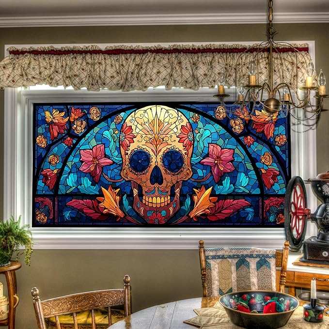Stained Glass Sugar Skull Pattern Static Cling Window Film 39.3x17.7 inches Non-Adhesive Removable Reusable for Glass Door Home and Office Bedrooms PVC Static Cling Sticker - sugar skull wine glass