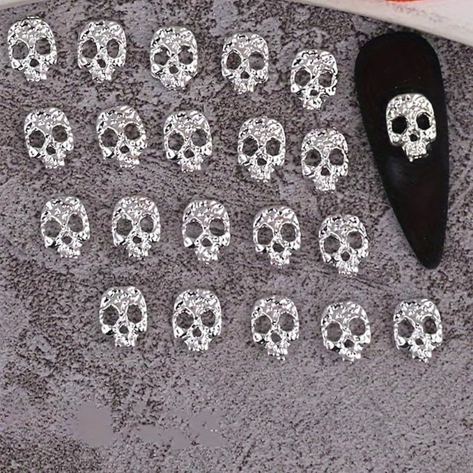 20pcs Silver Skull Nail Rhinestone Halloween Skeleton Head Nail Accessories Retro Metal Alloy Dark Style Nail Art Charms Halloween 3D Skull Face Designs Nail Jewelry for Halloween Nail Decor - sugar skull nail art