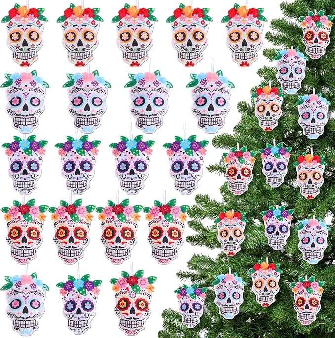 20 Pcs Day of The Dead Skull Hanging Ornaments Felt Dia De Los Muertos Sugar Halloween Tree Decoration Mexican Dia De Los Muertos Skeleton Pendent Decoration for Small Tree Christmas Xmas - sugar skull christmas ornament