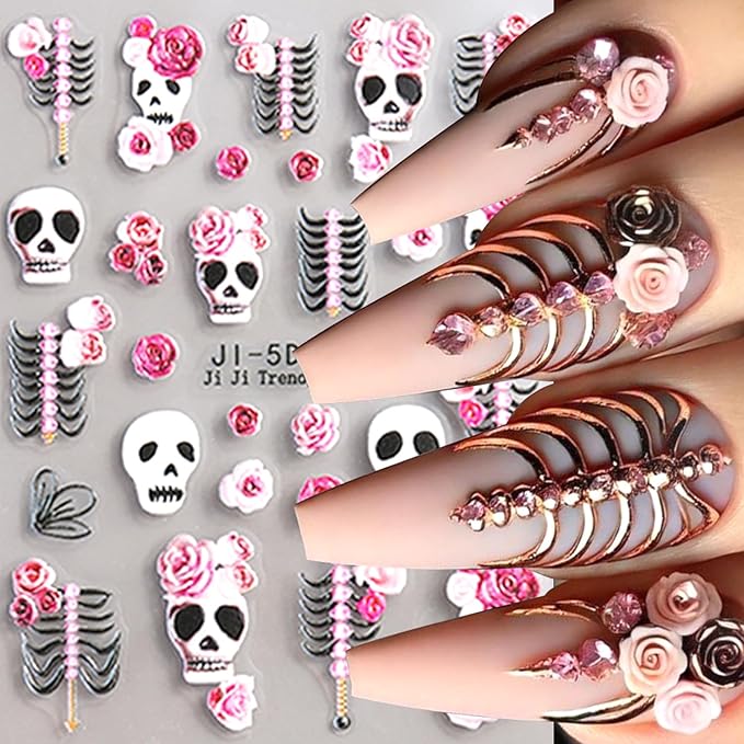 2Sheets Halloween Nail Art Stickers 5D Embossed Skull Bones Nail Decals with Cute Rose Flowers Designs Nail Stickers Self-Adhesive Skeleton Floral Nail Decal for Women DIY Manicure Decoration Supplies - sugar skull nail art