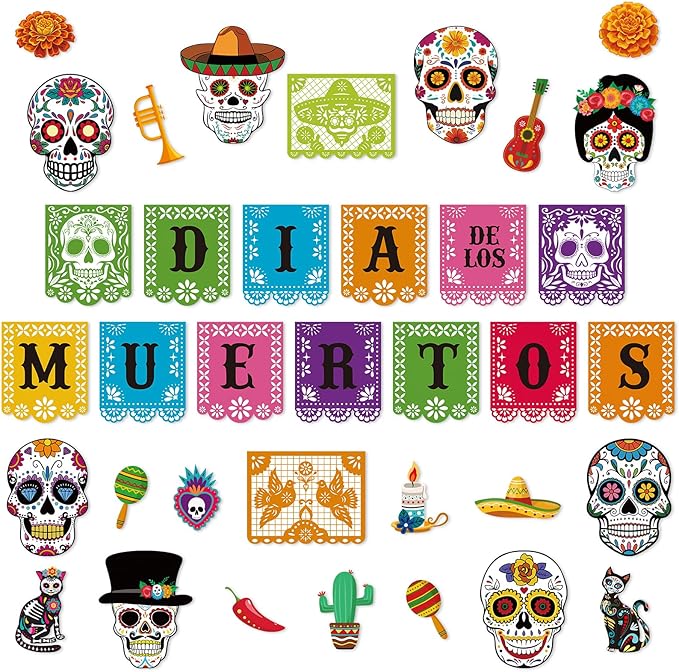 Day of The Dead Cutouts, Dia De Los Muertos Sugar Skull Decorations, Colorful Mexican Fiesta Party Supplies, Classroom Bulletin Board Wall Halloween Decor - sugar skull candle holder