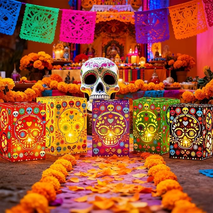 24 Pack Day of The Dead Decorations Candle Holder Luminary Bags Holloween Skull Paper Boxes for Dia De Los Muertos Decor Altar Mexican Party,4 Styles - sugar skull candle holder