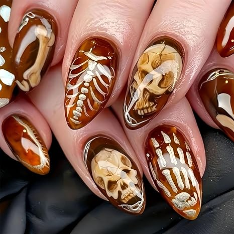 Halloween Press on Nails Medium Almond 3D Fake Nails Skull Nails Press ons With Skeleton Bone Design Horror Glazed Acrylic Glue On Nails Artificial Stick on Nails for Women 24Pcs - sugar skull nail art