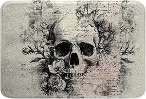 Erosebridal Gothic Skull Rose Bath Mat for Bathroom Halloween Sugar Skull Door Mat for Bedroom Black Bones Skeleton Bathroom Rug Non Slip,Retro Hand Drawn Style Entrance Rug 20"x32" - sugar skull toilet mat set