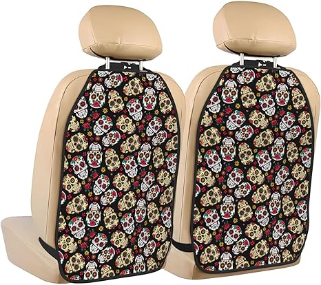Rose Sugar Skull Car Seat Back Protectors 2-Pack Kick Mats with Storage Bags for Protect Vehicles - sugar skull car floor mats