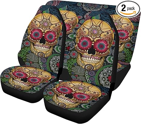 Sugar Skull Car Seat Cover and Mats Set – Día de Los Muertos Mexican Calaveras Hooded Protector with Colorful Rug Mats for Auto Interior Decoration (2pcs Front seat Covers) - sugar skull car floor mats