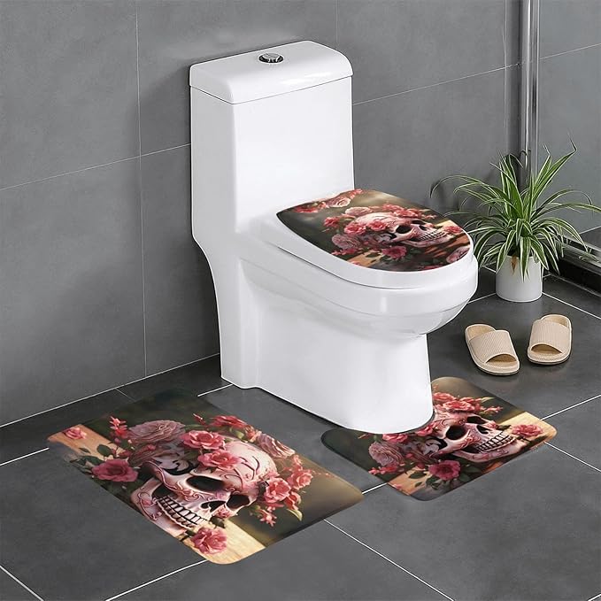 Anti-Slip Floor Mat 3-Piece Set HYTTER Sugar Horror Skull Flowers Rose Printed U-Shaped Toilet Floor Mat, Tightly Attached, Absorbent & Durable, Thick & Comfortable - sugar skull floor mat