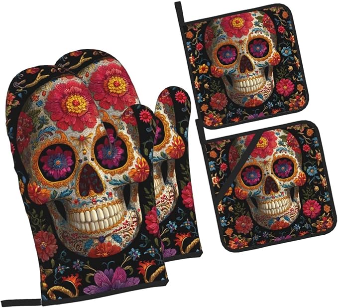 Oven Mitt & Pot Holder Set 4Pcs Heat Resistant Kitchen Mitts Sugar Skulls Oven Mitts and Pot Holders Set of 4 Kitchen Gloves with Hanging Loop Pocket Potholders for BBQ Cooking Baking - sugar skull oven mitts