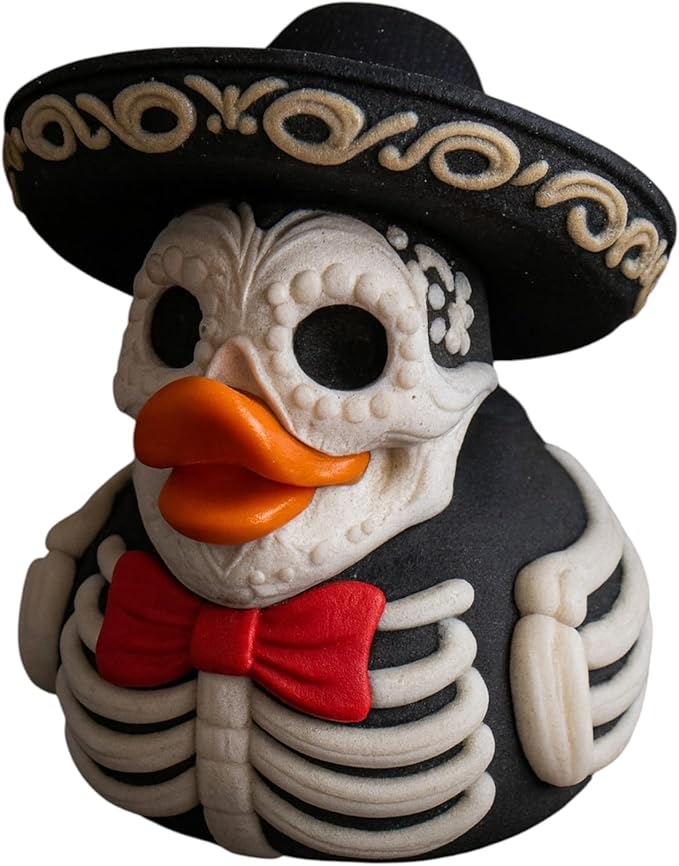 Skeleton Mariachi Duck Figurine – Day of The Dead Inspired Collectible Décor for Home or Office – 3D Printed in Canada - sugar skull figurine collectible