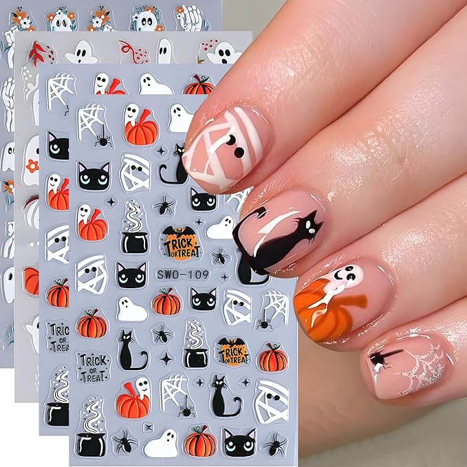 Halloween Nail Art Stickers, Cute Ghost Nail Art Decals 3D Self-Adhesive Skull Pumpkin Black Cat Flower Nail Design 4Pcs Halloween Nail Art Supplies for Women Nail Decoration - sugar skull nail art