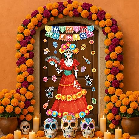 Pasimy Day of The Dead Bulletin Board Set Colorful Sugar Skull Classroom Decorations Mexican Dia De Los Muertos Cutouts with 3D Paper Flowers for Door Wall Decor Fiesta Halloween Party(Classic) - sugar skull christmas ornament