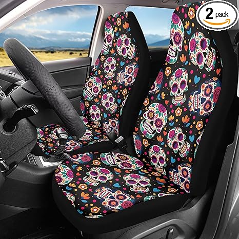 Bulopur Sugar Skull Car Seat Covers Set of 2 Mexican Vehicle Bucket Cushion Cover Easy Install Automobile Seat Cover Pad Mat Auto Interior Protection Accessories for Women Girly - sugar skull car seat covers set