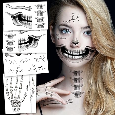 5 Skeleton Face Tattoo,Classic Skull Face Tattoo Temporary Tattoos,Halloween Tattoos Skeleton Makeup,Halloween Makeup Men and Women, Adult (Skeleton Face Tatto) - sugar skull temporary tattoo