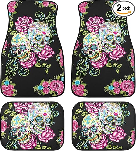 Día de Los Muertos Car Seat Cover and Mats – Mexican Sugar Skull Calaveras Hooded Protector with Colorful Floor Mats for Auto Interior Decor (2pcs Front mats) - sugar skull car seat covers set