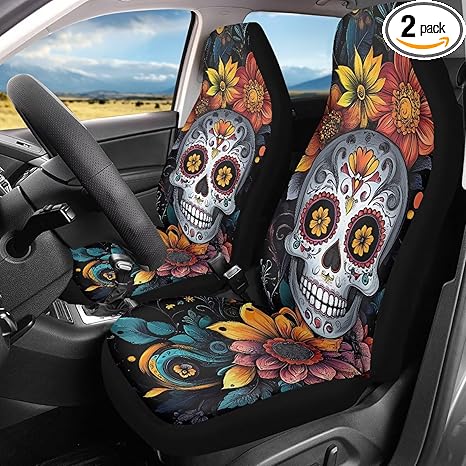 Bulopur Sugar Skull Car Seat Covers Front Seats Girly Women Stretchy Automotive Seat Protector Cover 2 Pack Breathable Anti-Slip Highback Bucket Carseat Covers for Most Vehicles SUV Truck - sugar skull car seat covers set