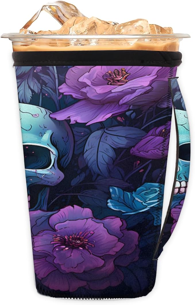 Sugar Skull Reusable Insulator Coffee Sleeves for Drinks Beverages,Floral Skull Neoprene Holder with Handle for Most Coffee or Ice Drink, 24-28oz - sugar skull tumbler with straw