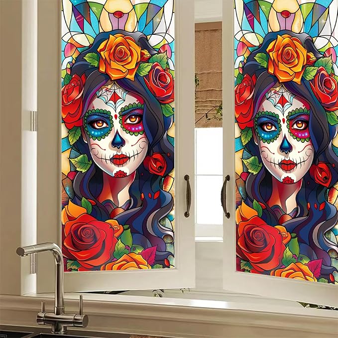 Day of The Dead Katrina Skull Window Cling 18 x 39 Inch Stained Glass Style Sugar Skull Woman Roses Colorful Static Privacy Film Halloween Decor - sugar skull makeup kit