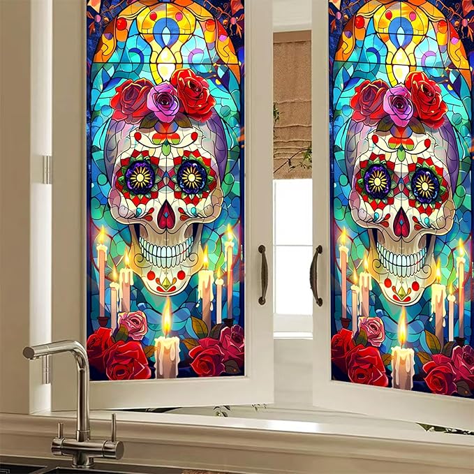 Day of The Dead Sugar Skull Window Cling 18 x 39 Inch Stained Glass Style Calavera Rose Decorative Privacy Film Halloween Skeleton Static Window Decal - sugar skull wine glass