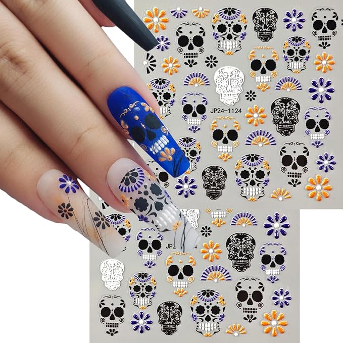 2 Sheets Halloween Skull Nail Stickers for Nail Art, 5D Embossed Black Orange White Nail Design Skull Nail Decals Skeleton Flowers Acrylic Nail Art Stickers Halloween Self-Adhesive Nail Art Supplies - sugar skull nail art