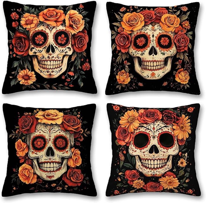 Sugar Skull Throw Pillow Covers 18x18 Set of 4, Mexican Day of The Dead Pillowcase for Sofa and Couch, Chirstmas Decorative Square Cushion Cases for Living and Bed Room - sugar skull throw pillow