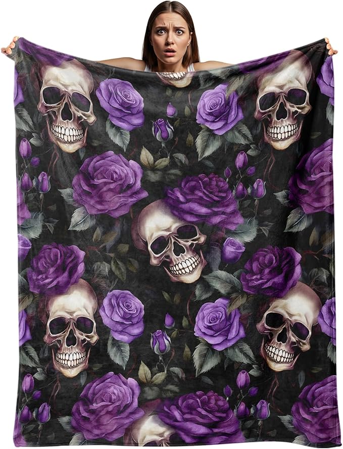 Rose Skull Blanket for Women, Soft Flannel Fleece Rose Skull Throw Gifts, Lightweight Cozy Decor Blanket 50"x60" - sugar skull throw blanket