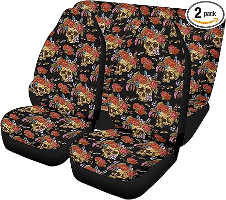 Dia de Los Muertos Sugar Skull Car Seat Covers and Floor Mats – Vibrant Calaveras Skeleton Auto Interior Protection for Bright Mexican-Style Seat and Carpet Décor (2pcs Front seat Covers) - sugar skull car floor mats