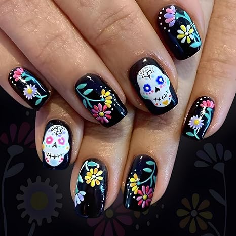 Halloween Fake Nails Flower Press on Nails Short Square Nails Press Ons Sugar Skull Glue on Nail Black Glossy Stick on Nail Colorful Floral False Nails for Women and Girls Decoration Set 24Pcs - sugar skull nail art