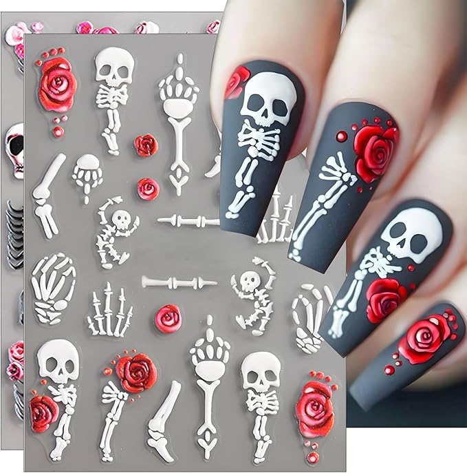 Halloween Nail Stickers for Nail Art Skull Bone Skeleton 5D Embossed Nail Decals Skull Self-Adhesive Nail Design Supplies 2PCS Holiday Halloween Nail Decoration Accessories for Women Girls - sugar skull nail art