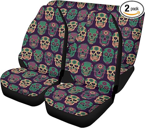 Mexican Sugar Skull Car Seat Covers and Auto Floor Mats – Dia de Los Muertos Calaveras Skeleton Interior Decor Kit for Protecting Seats Floors mat Skeleton Art (4pcs Front+Back mats) - sugar skull car floor mats