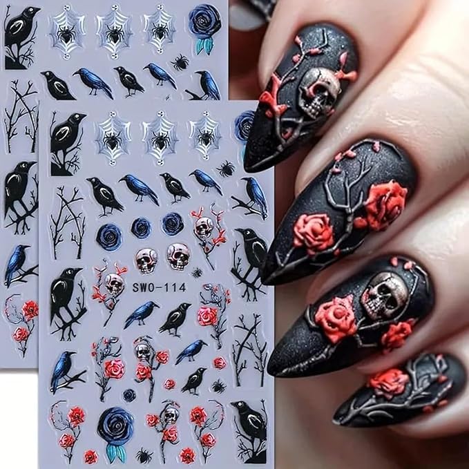 Halloween Nail Art Stickers Decals 2PCS 5D Embossed Skull Nail Art Decals Crow Spider Web Nails Supplies Branch Blue Red Flowers Skull Spider Designs Stickers Halloween Manicure Decorations for Women - sugar skull nail art